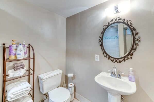 A bathroom with a toilet, a sink, a mirror, and a shelf with toiletries.