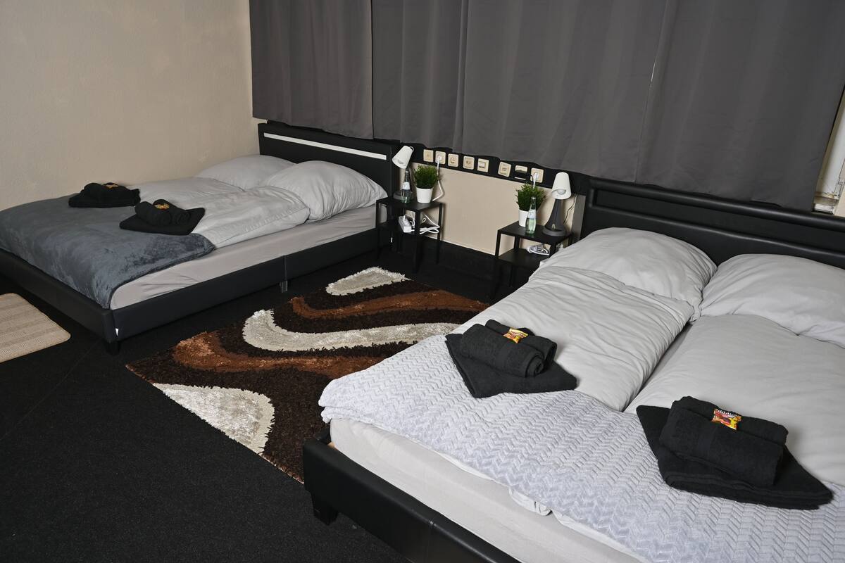 A hotel room with two beds, a nightstand with a lamp, a small table with a plant, and a decorative rug.