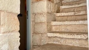 Una escalera de piedra que conduce a una puerta, con un pequeño rellano y un tirador visible.