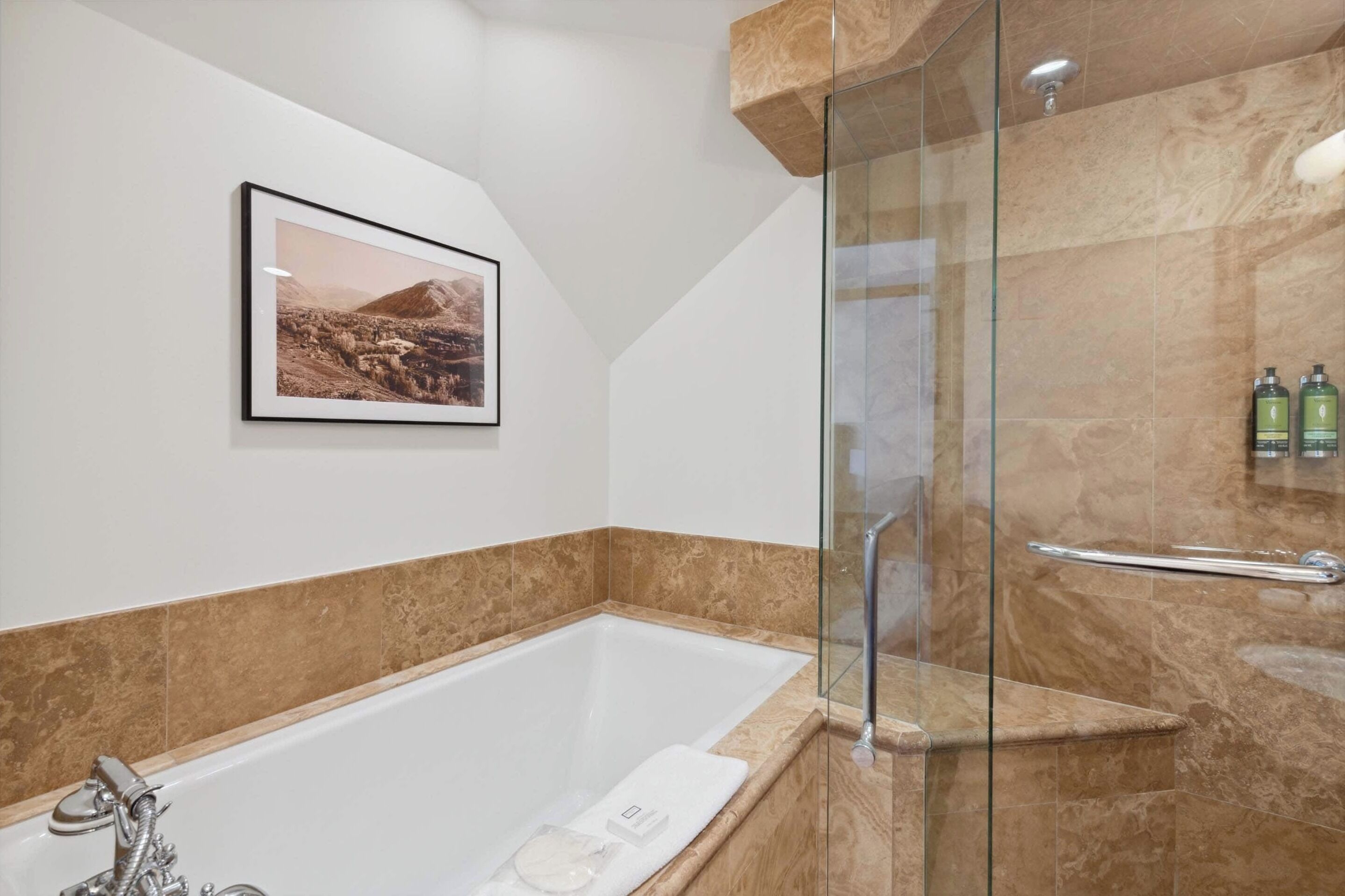 Un baño moderno con ducha envuelta en vidrio, una bañera grande y un cuadro enmarcado en la pared.
