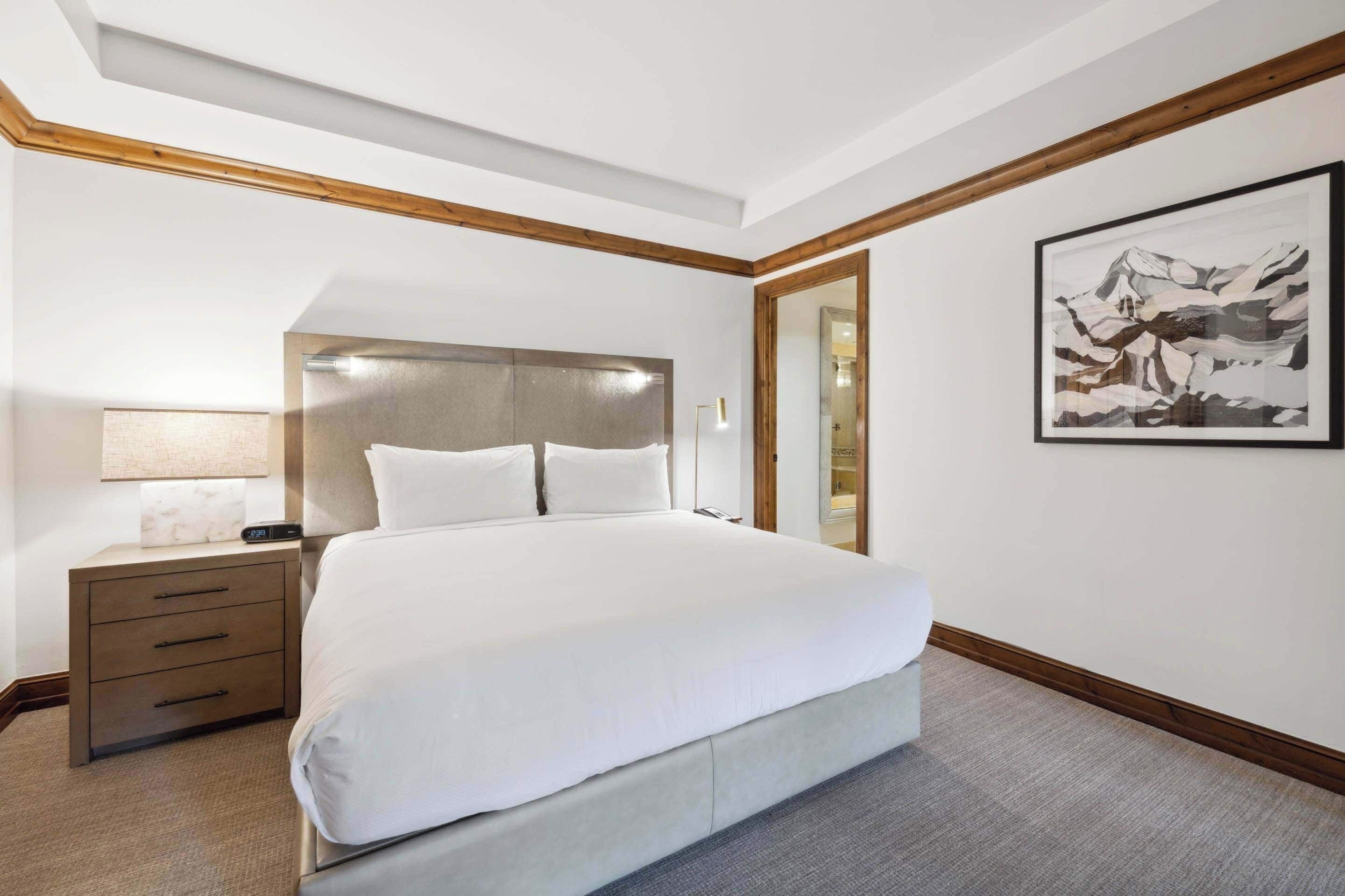 A hotel room with a large bed, a bedside table with a lamp, and a framed picture on the wall.