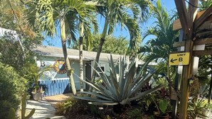 Une cour avec une pergola en bois, une enseigne indiquant « UNITÉ B », et diverses plantes, dont un grand agave et des cactus.