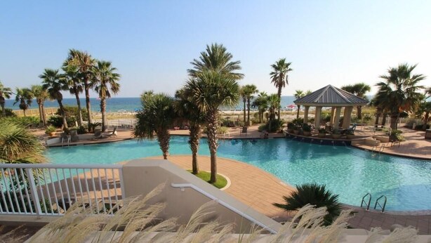 A pool area with palm trees, lounge chairs, and a gazebo overlooking the beach.