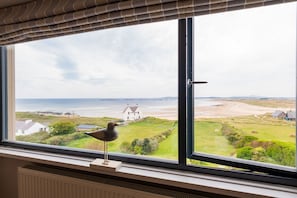 A bird on a window sill overlooking a coastal landscape with houses and a beach.