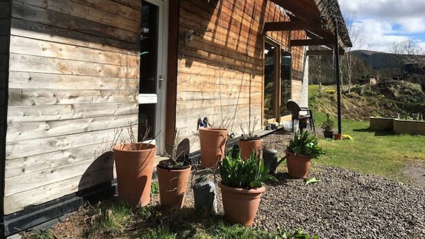 Uma cabana de madeira com varanda, plantas em vasos e uma entrada de cascalho.