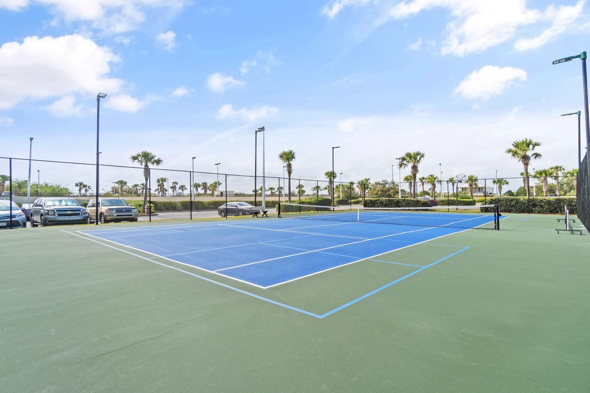 Un campo da tennis all'aperto con rete, circondato da palme e da una recinzione.