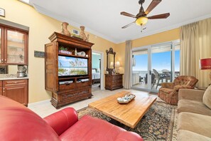 Condo, Multiple Beds (SeaSpray East 1023- Gulf Front) | Living area | TV - Seaspray East 1023- Gulf Front (Pensacola)