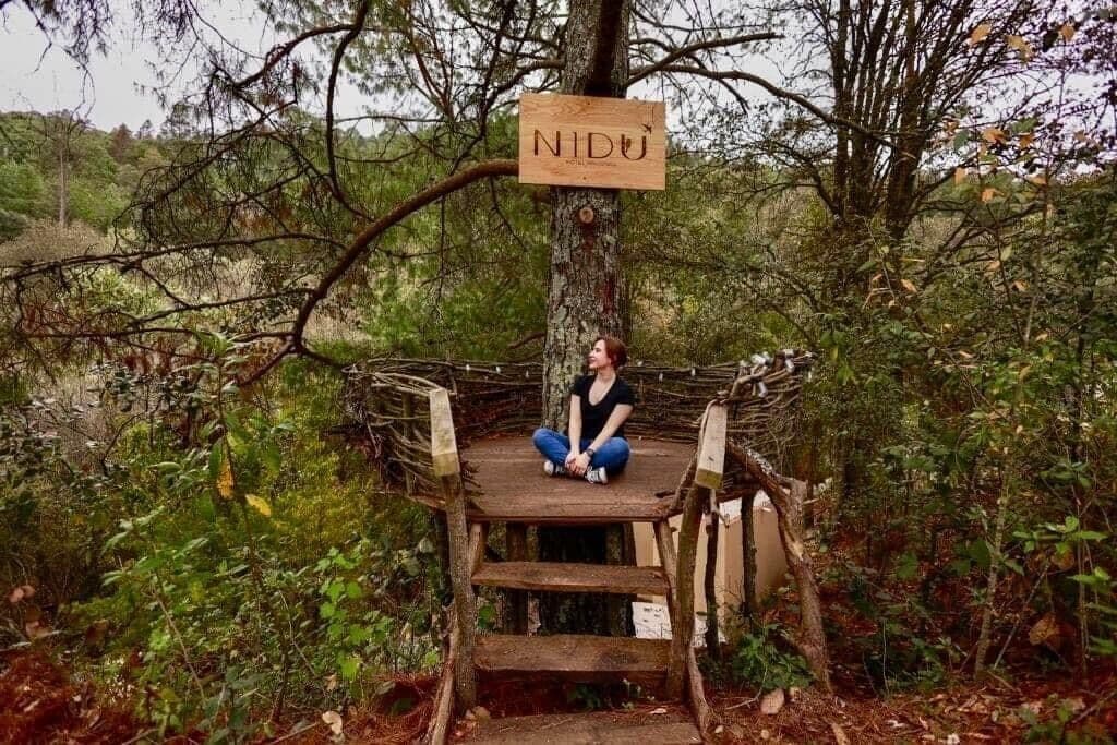 A person sitting on a wooden platform with a sign above reading "NIDU".