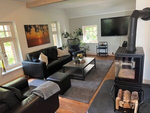 A modern living room with a black sofa, a coffee table, a fireplace, and a television.