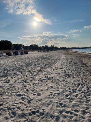 A sandy beach with a row of beach huts and a pier in the distance.