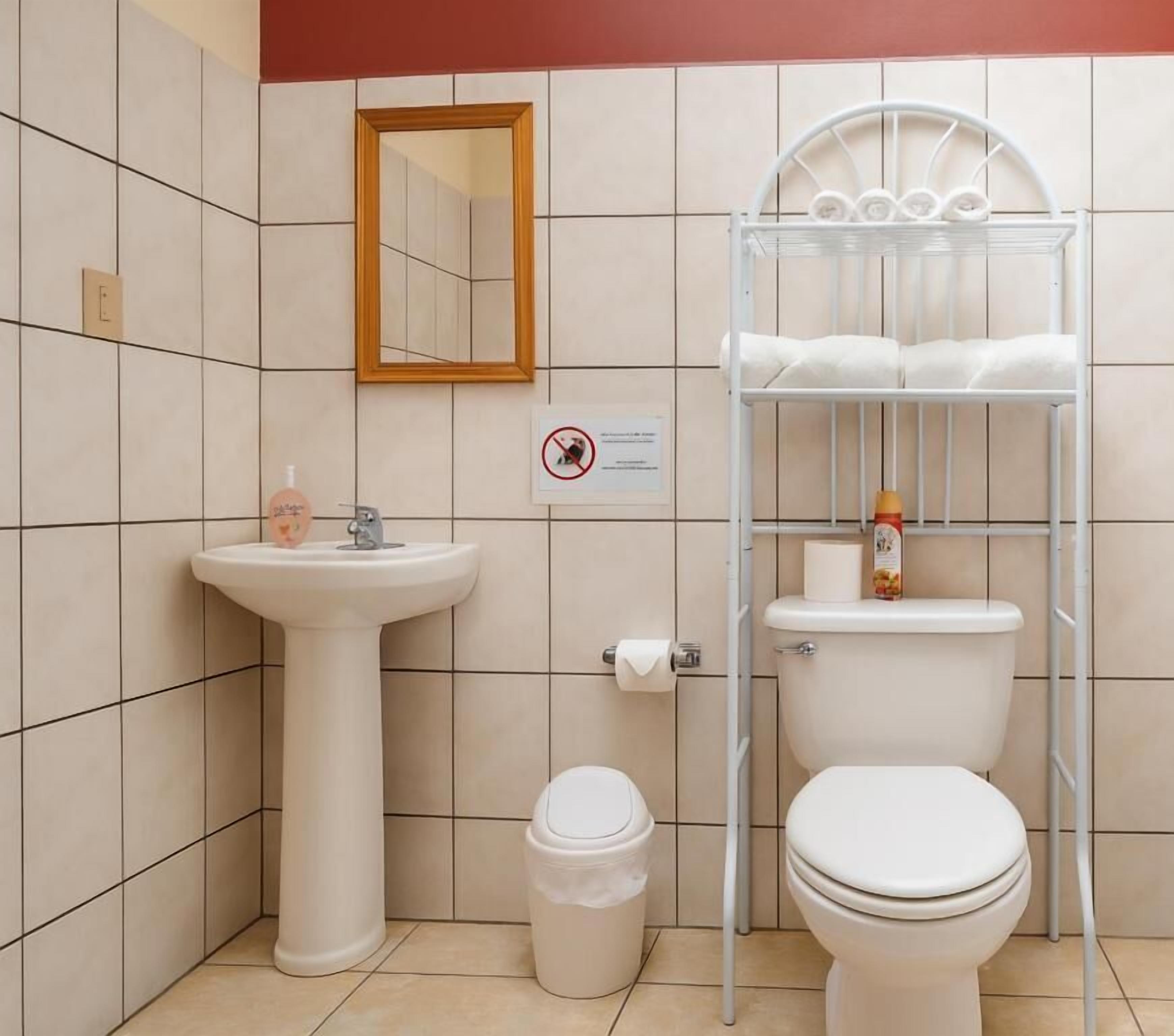 Ein Badezimmer mit einem Standwaschbecken, einer Toilette, einem Spiegel und einem Handtuchhalter.