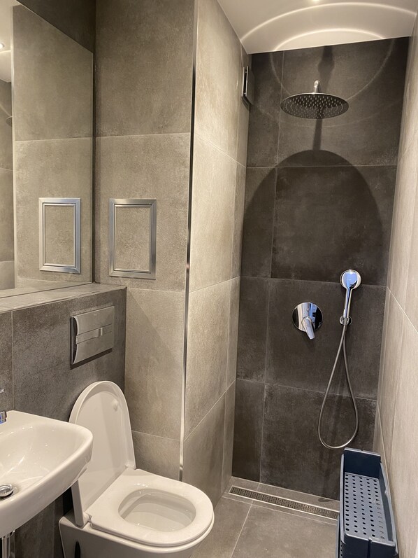 Shower, towels, soap, toilet paper