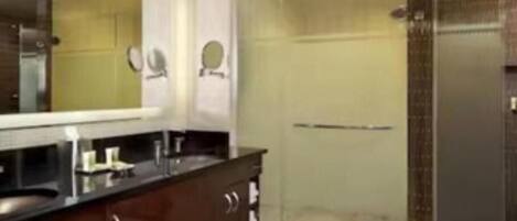 Hair dryer, towels, soap, shampoo