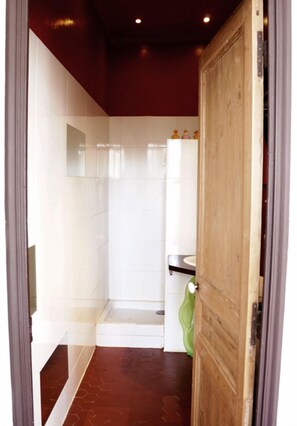 Shower, towels, soap, toilet paper