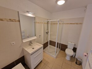 Shower, hair dryer, towels