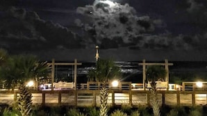 A nighttime view of a beach with a wooden fence, palm trees, and a moonlit sky. - Weathertree by the Sea off the Boardwalk Oceanview (Carolina Beach)