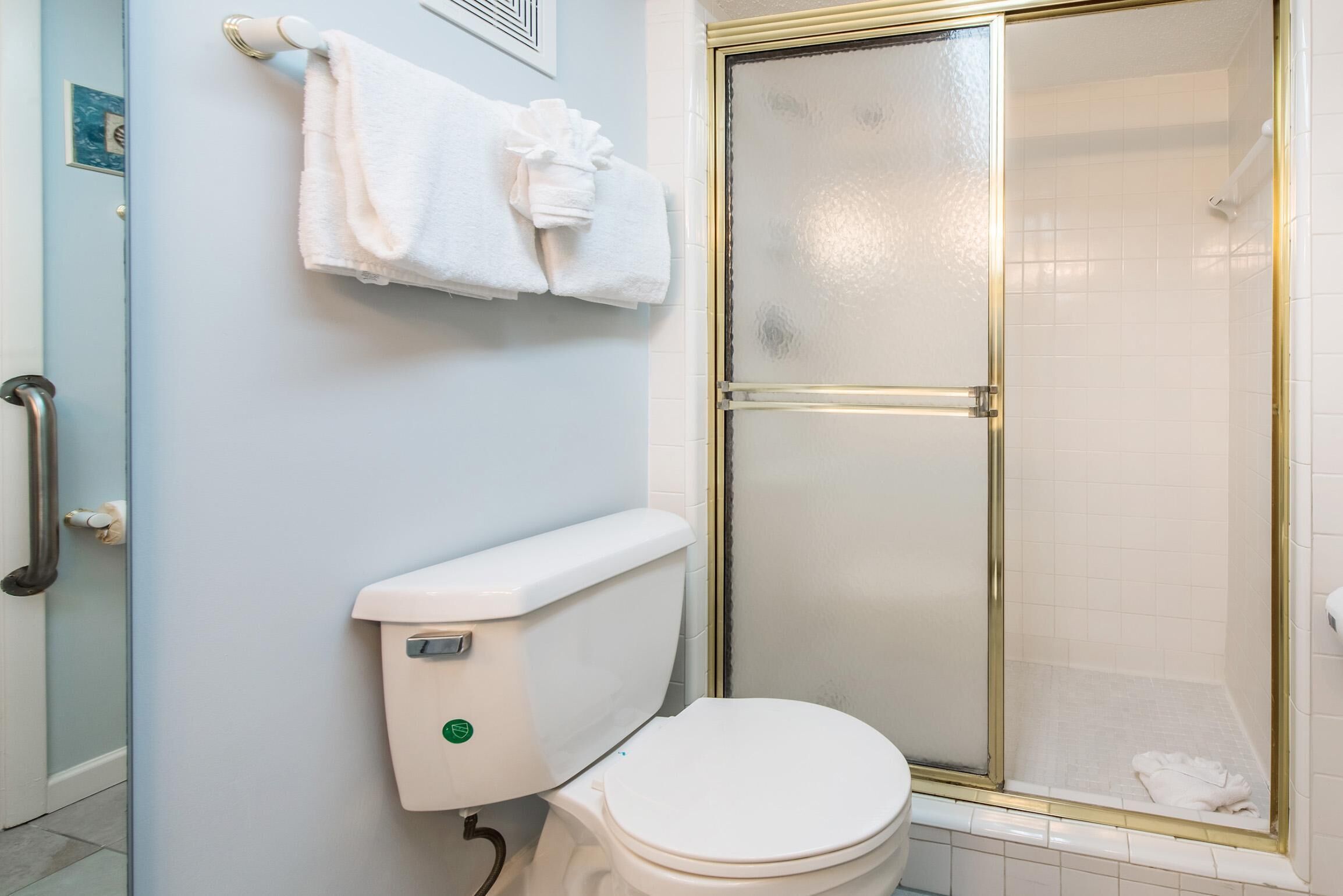 A bathroom with a toilet, a towel rack with folded towels, and a glass-enclosed shower area.