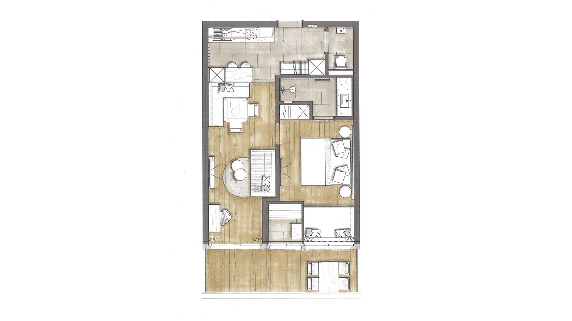 A floor plan of a hotel room with a kitchenette, a dining area, a living room, and a bathroom.