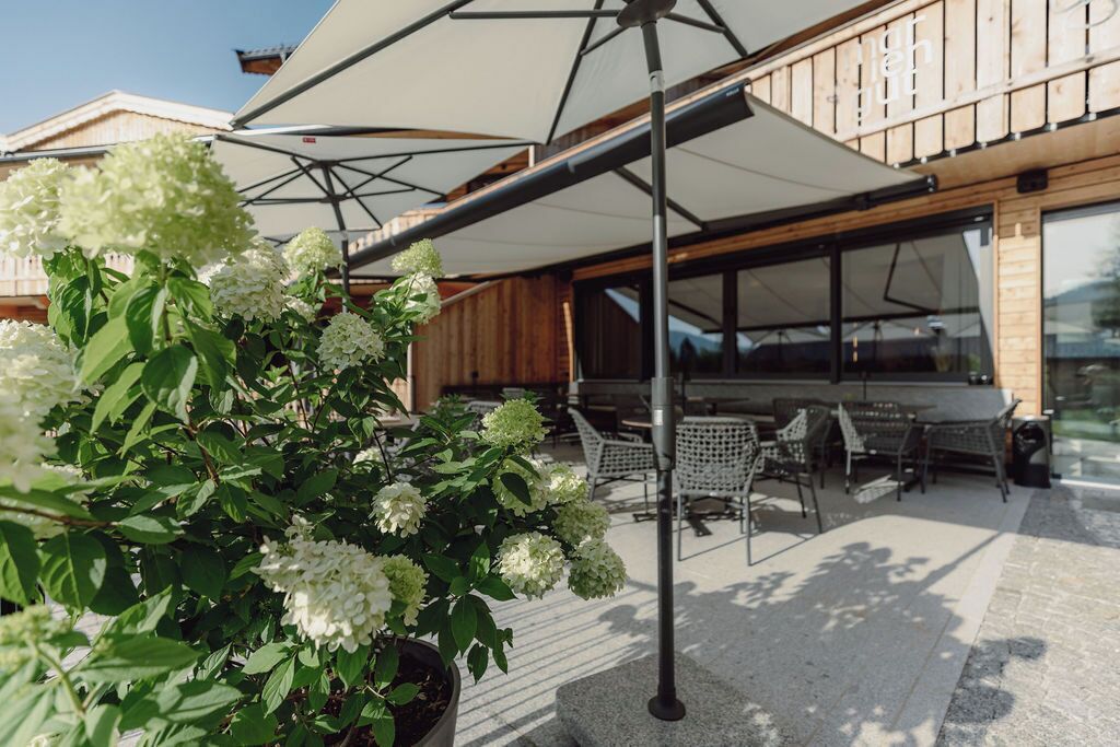 Un patio con mobiliario exterior, una planta en maceta y un paraguas grande.