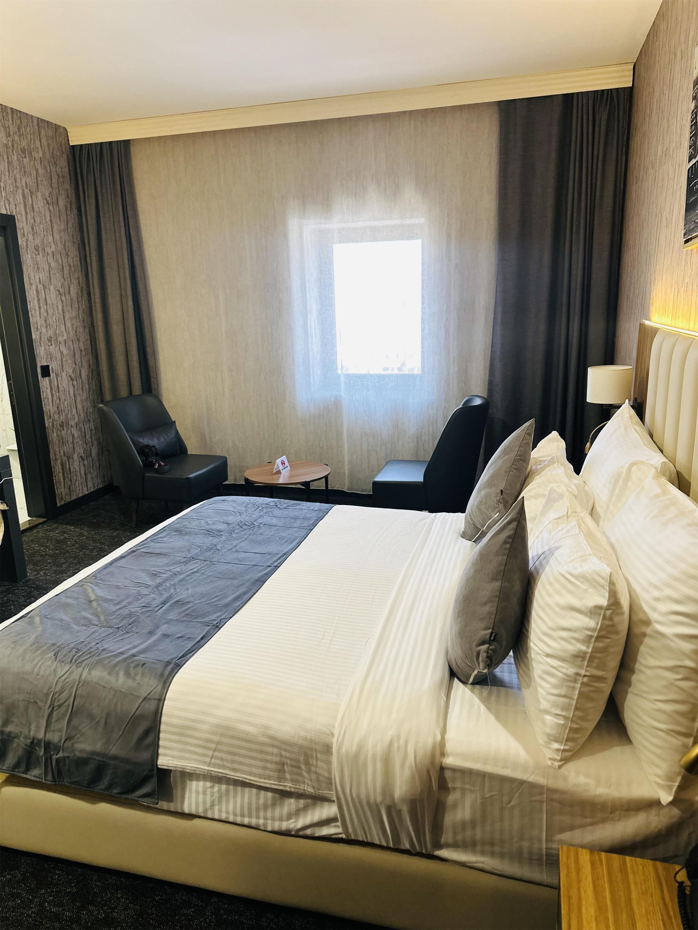 Habitación de hotel con una cama grande, un escritorio, una silla, una lámpara y un ventanal.