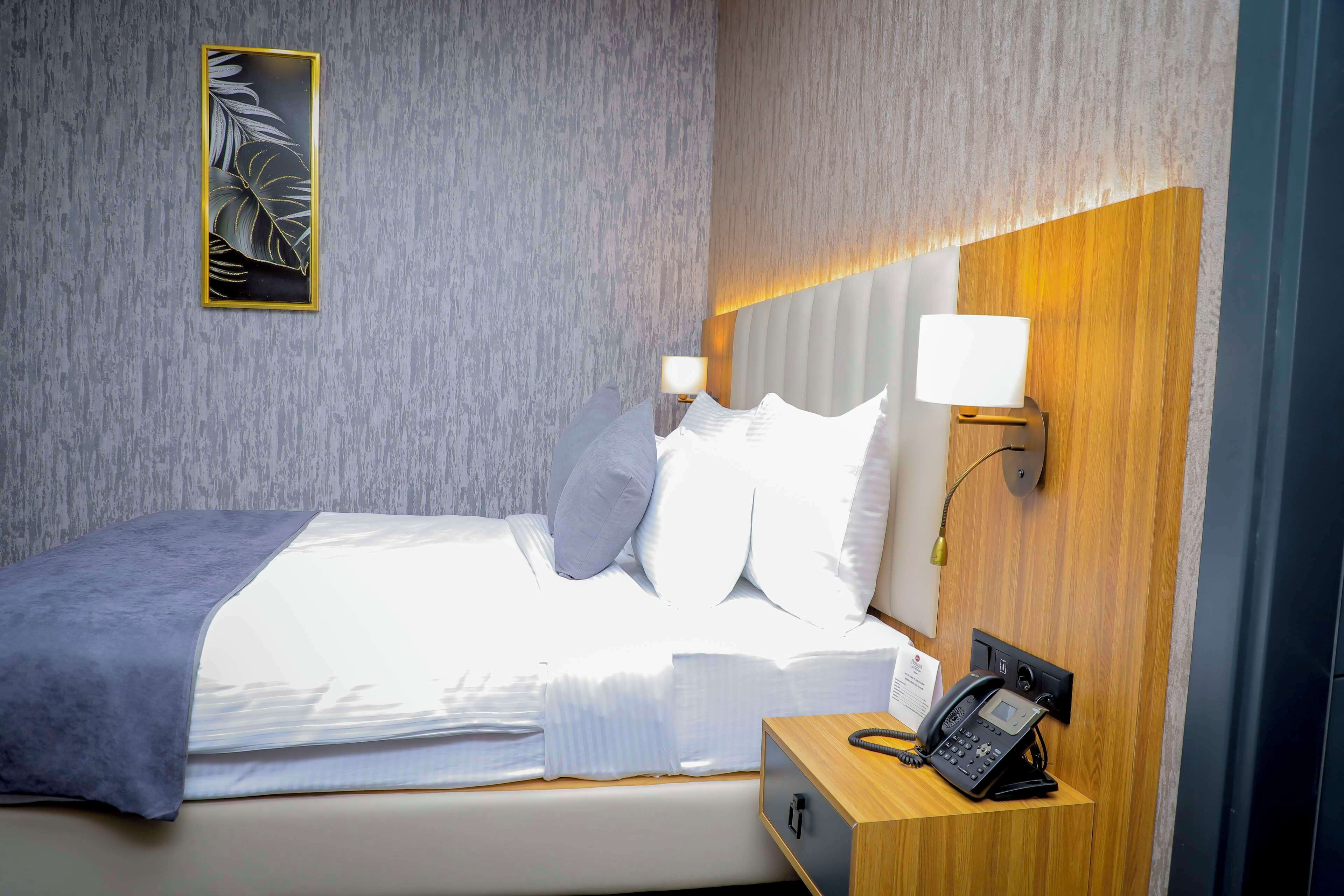A hotel room with a bed, pillows, a bedside lamp, a telephone, and a framed artwork on the wall.