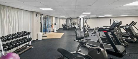 A gym with treadmills, elliptical machines, and a bench.
