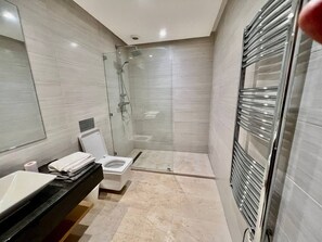 Dusche, Haartrockner, Handtücher, Seife