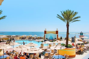 A resort pool area with lounge chairs and umbrellas, a palm tree, and a view of the ocean.