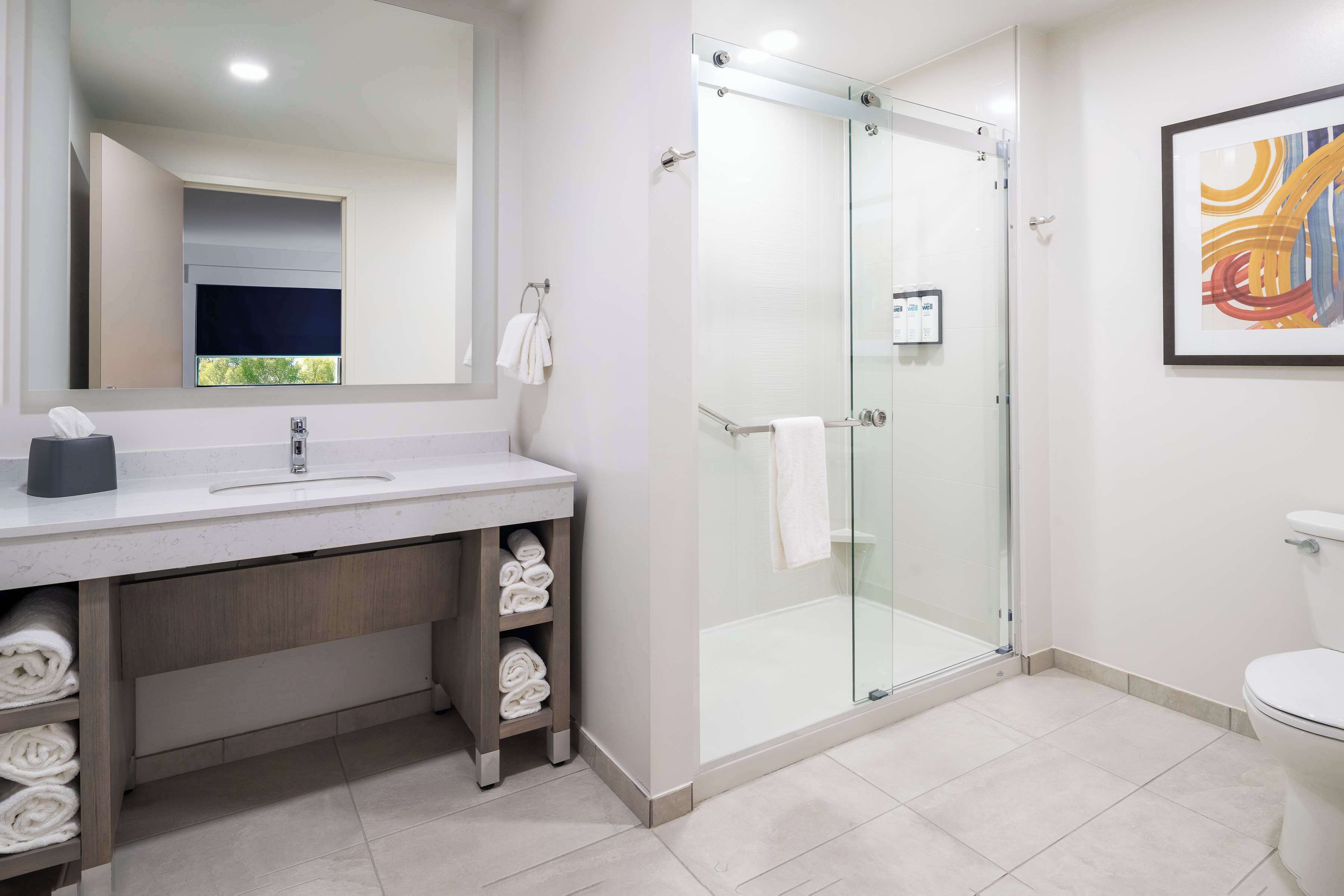 Un baño moderno con ducha de vidrio, un espejo grande y un lavamanos con toallero.