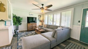 A living room with a sofa, ottoman, wooden cabinet, television, ceiling fan, and potted plants.