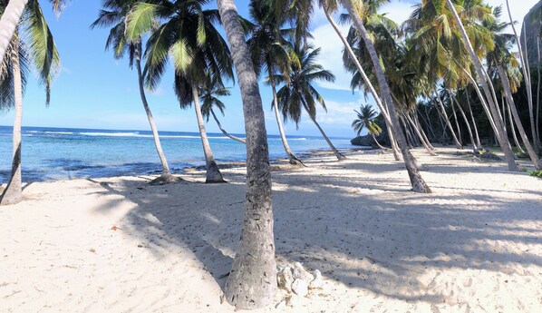 On the beach, sun-loungers, beach towels