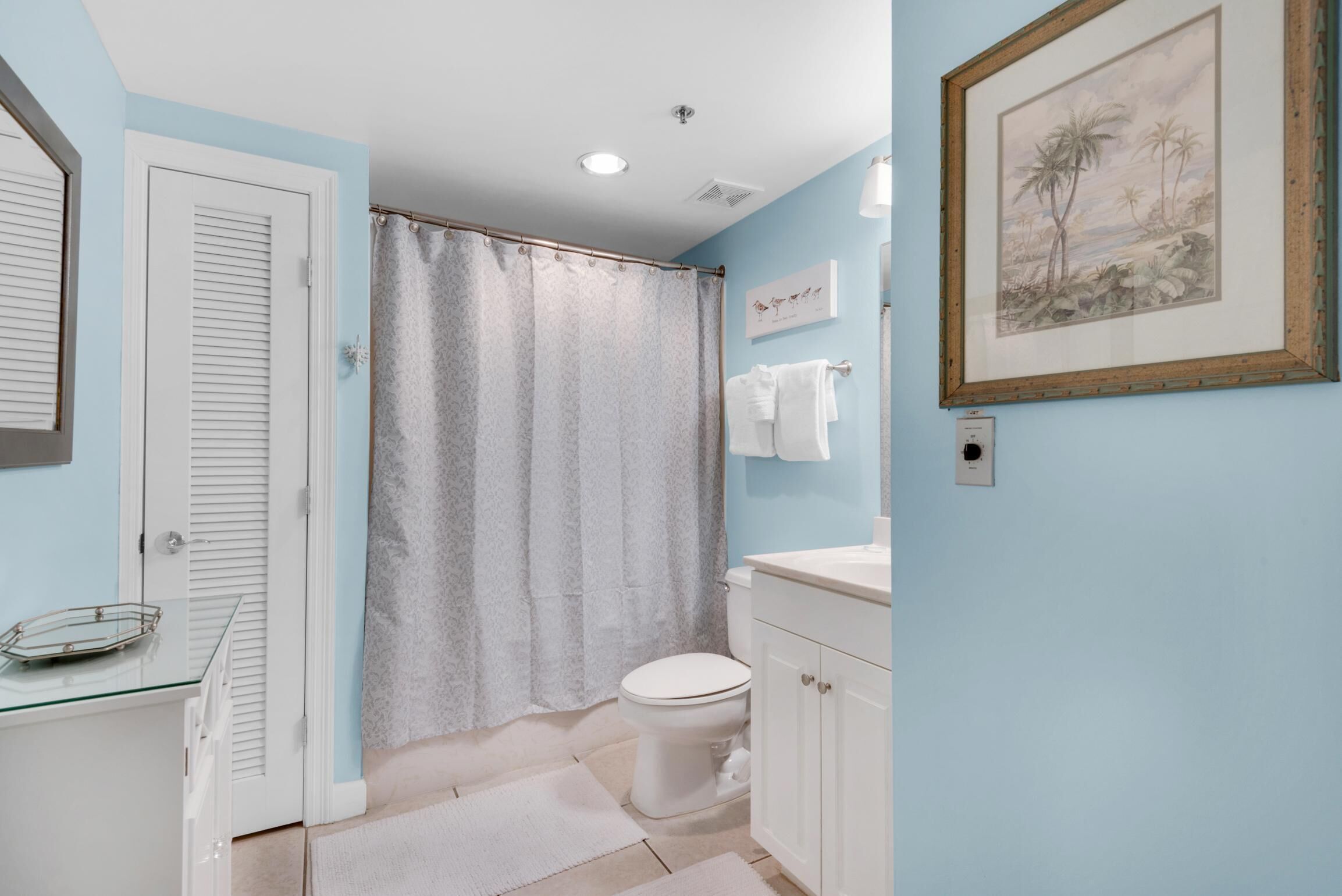 A bathroom with a shower curtain, toilet, and a framed picture on the wall.