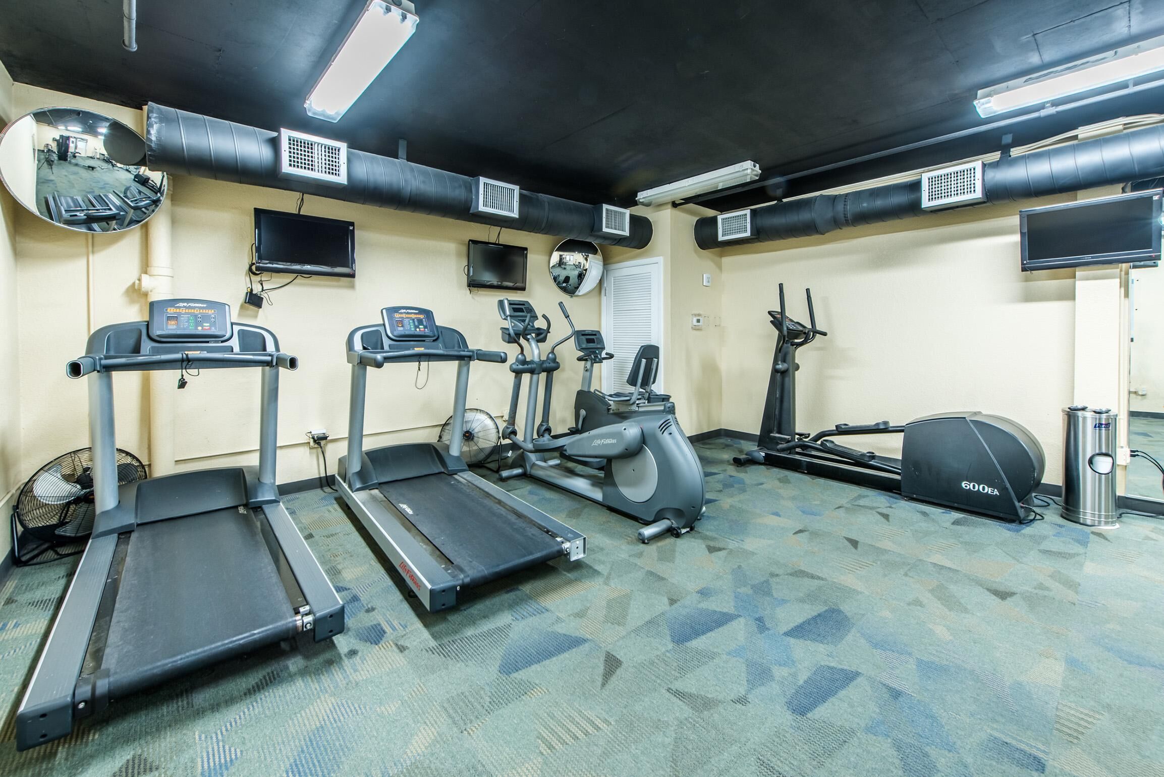 A gym with treadmills, elliptical machines, and a stationary bike.