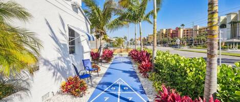 Una cancha de shuffleboard azul con números, un edificio blanco, palmeras y plantas rojas.