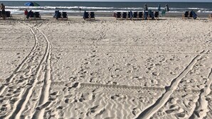 Une plage de sable avec des empreintes et des chaises de plage.