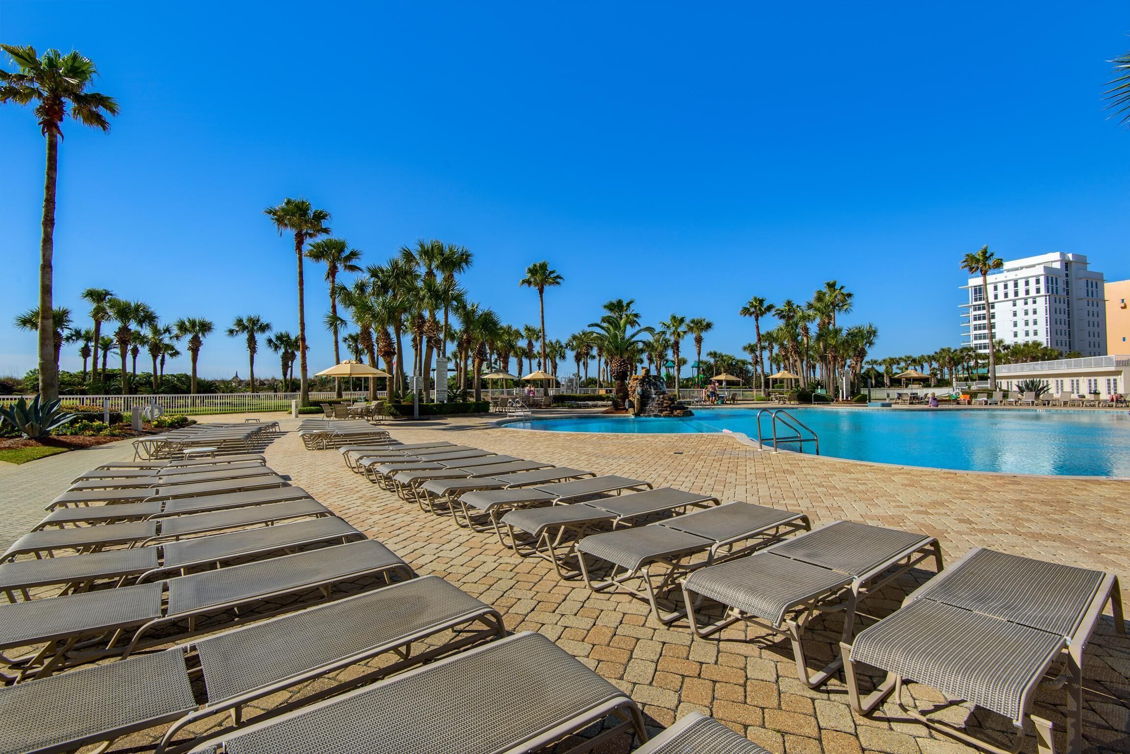 A pool area with sun loungers and palm trees.