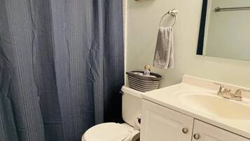 Hair dryer, towels, soap, shampoo