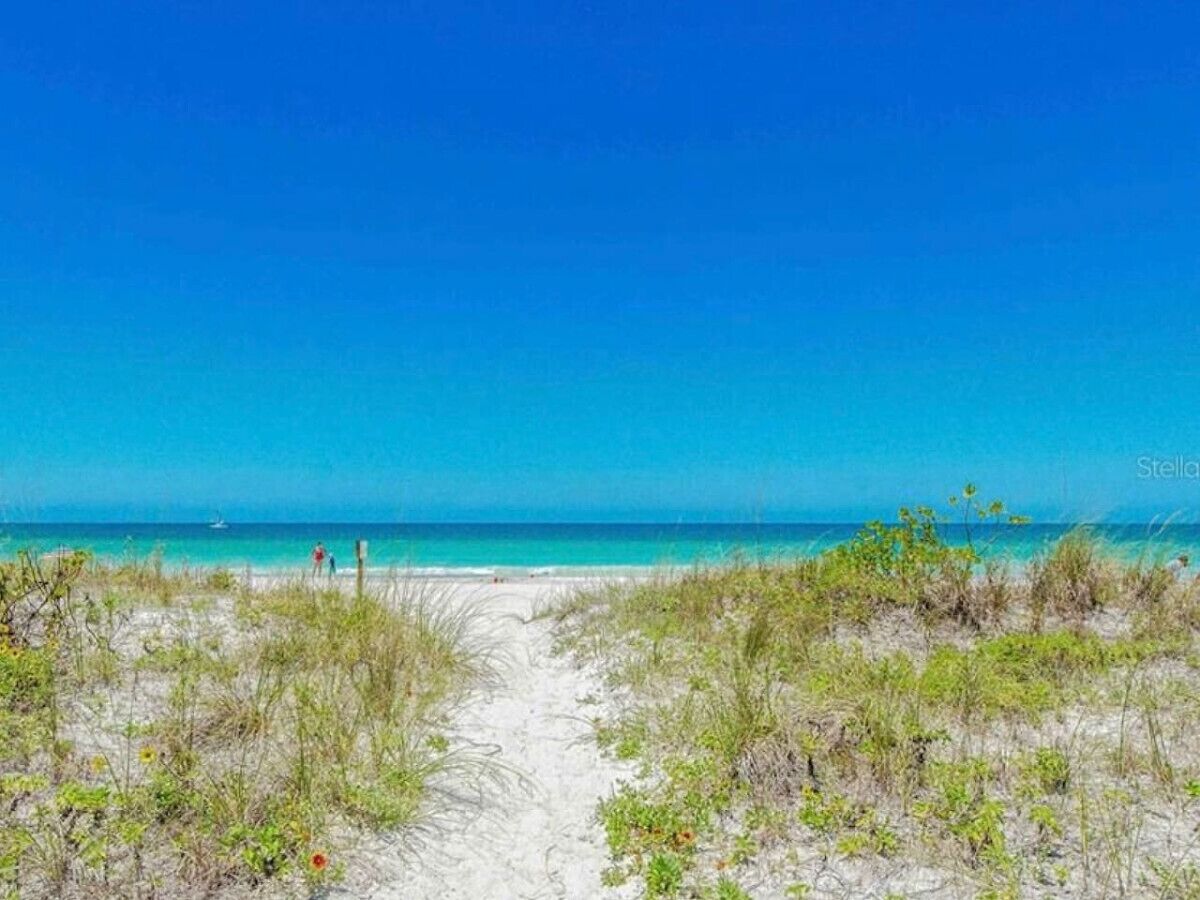 A sandy beach with a clear blue sky and ocean.