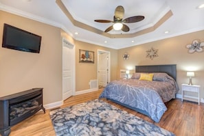 A bedroom with a bed, a ceiling fan, a television, and a fireplace.