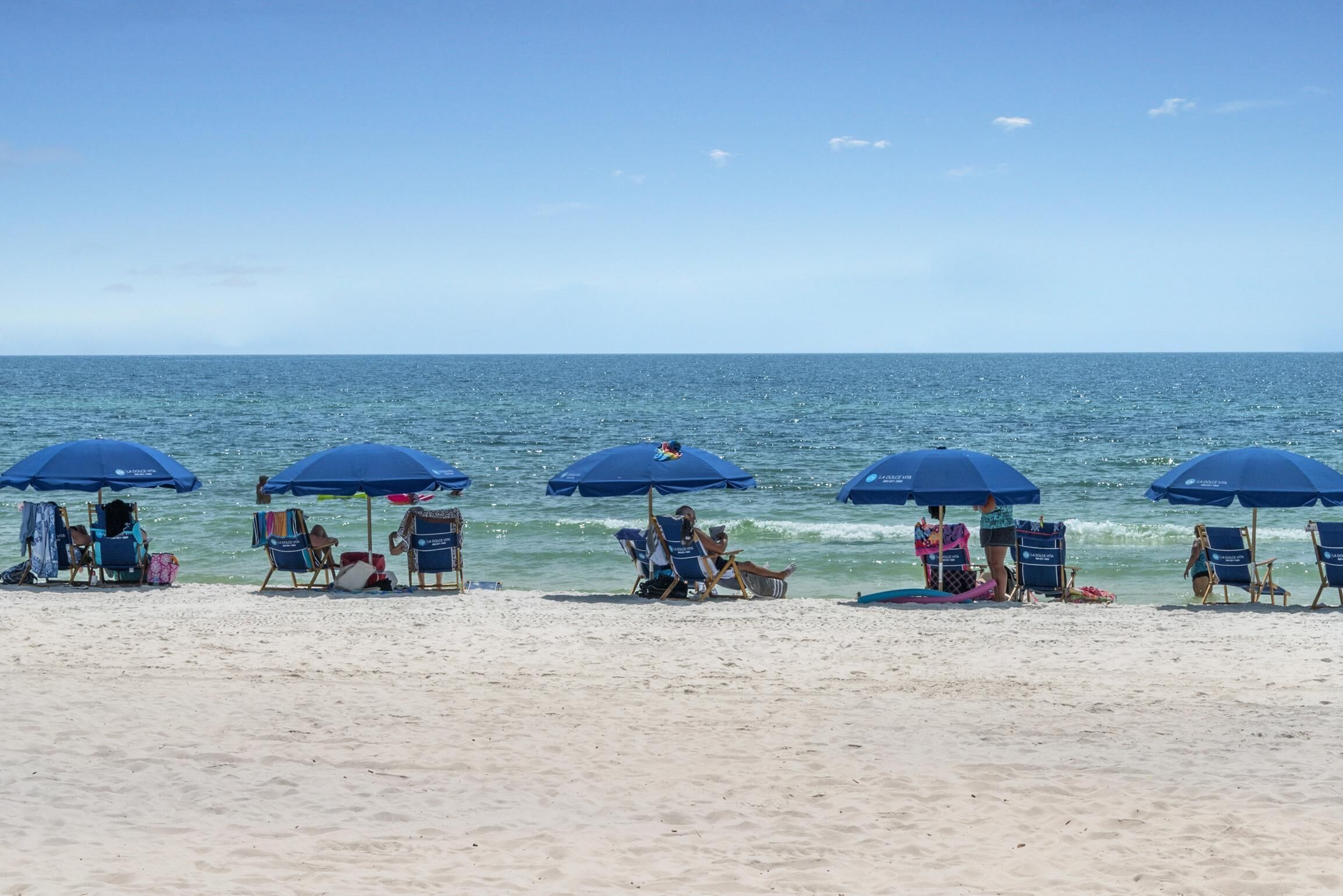 A beach with rows of blue umbrellas and beach chairs.