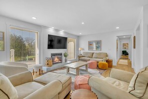 TV connectée, cheminée, médiathèque, chaîne hi-fi