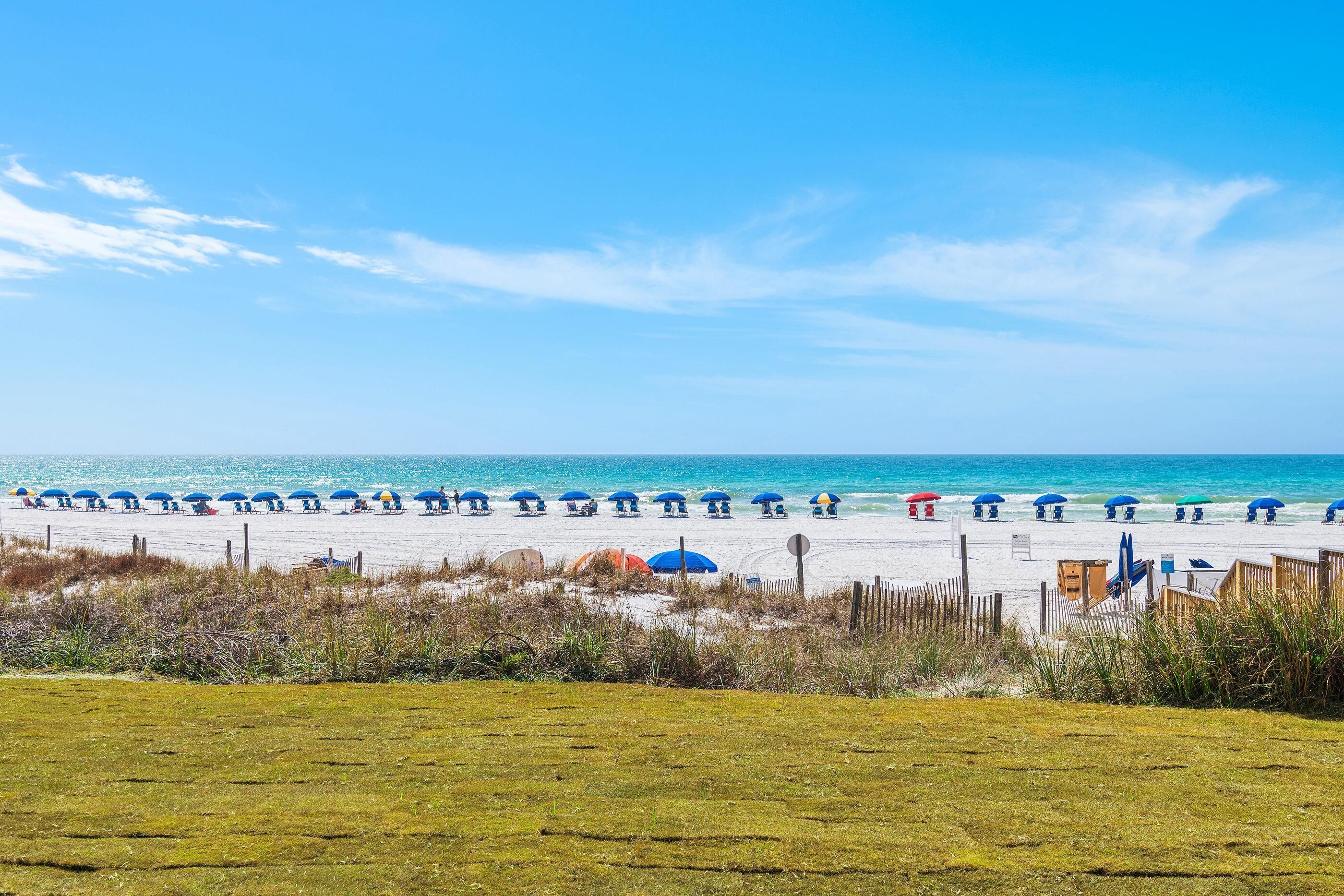 A beach with umbrellas and beachgoers.
