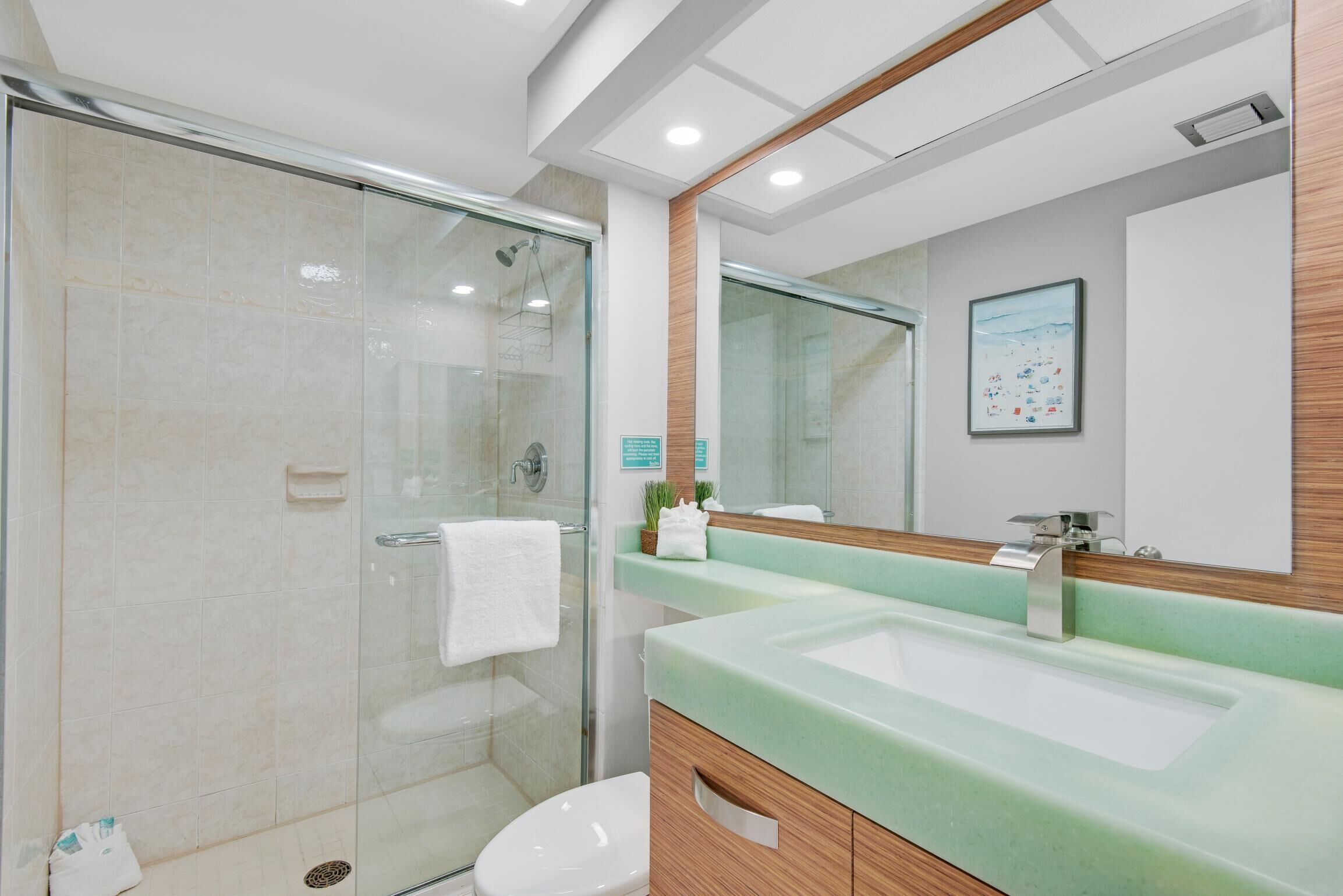 A modern bathroom with a glass-enclosed shower, a white toilet, and a green sink with a wooden vanity.