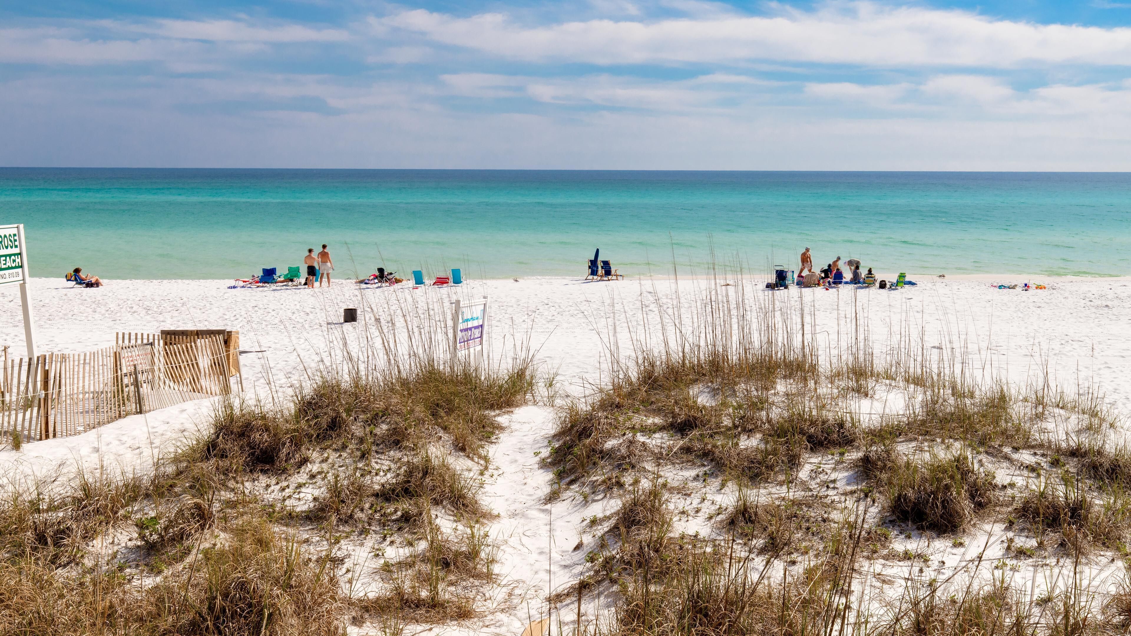 A beach with white sand, clear turquoise water, and sparse vegetation.