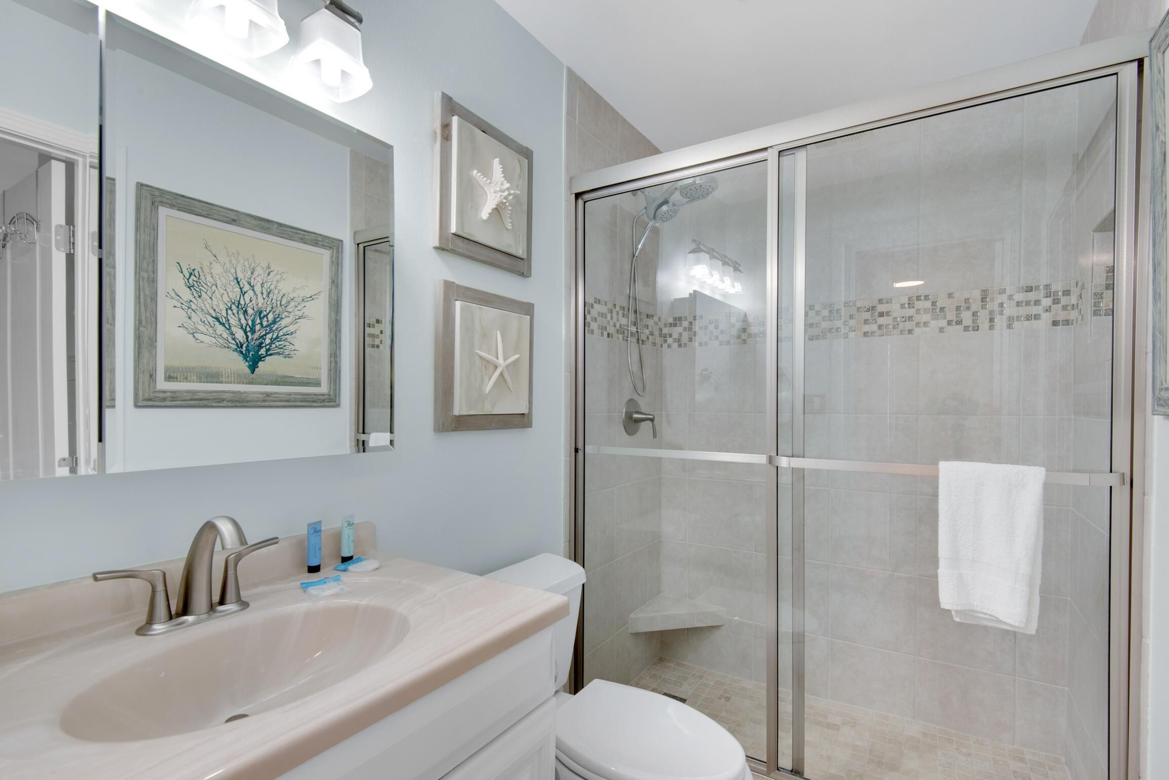 Une salle de bain avec un grand lavabo, des toilettes et une douche fermée par une paroi de verre.