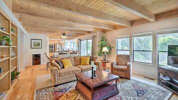 Smart TV, fireplace, books