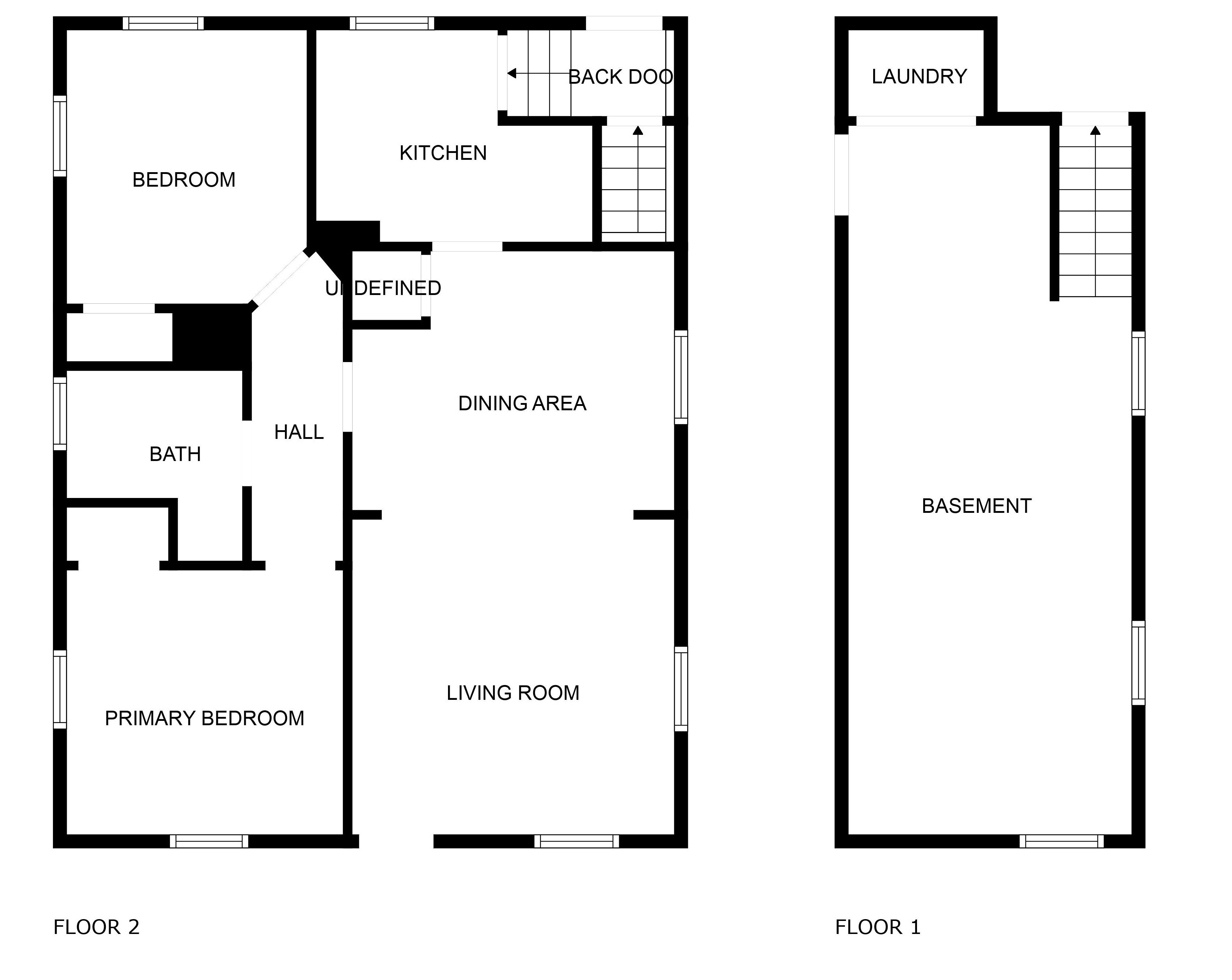 Een plattegrond van een tweelaags huis met een slaapkamer, badkamer, eetruimte, keuken, woonkamer en een kelder.