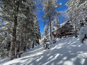 A snow-covered landscape with trees and a building. - Big Bear Treehouse-HOT TUB-Gorgeous Views (Big Bear Lake)
