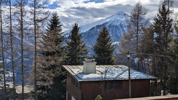 Eine Hütte mit schneebedecktem Dach, umgeben von hohen Nadelbäumen und einer Bergkette im Hintergrund.