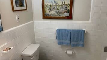 Hair dryer, towels, toilet paper